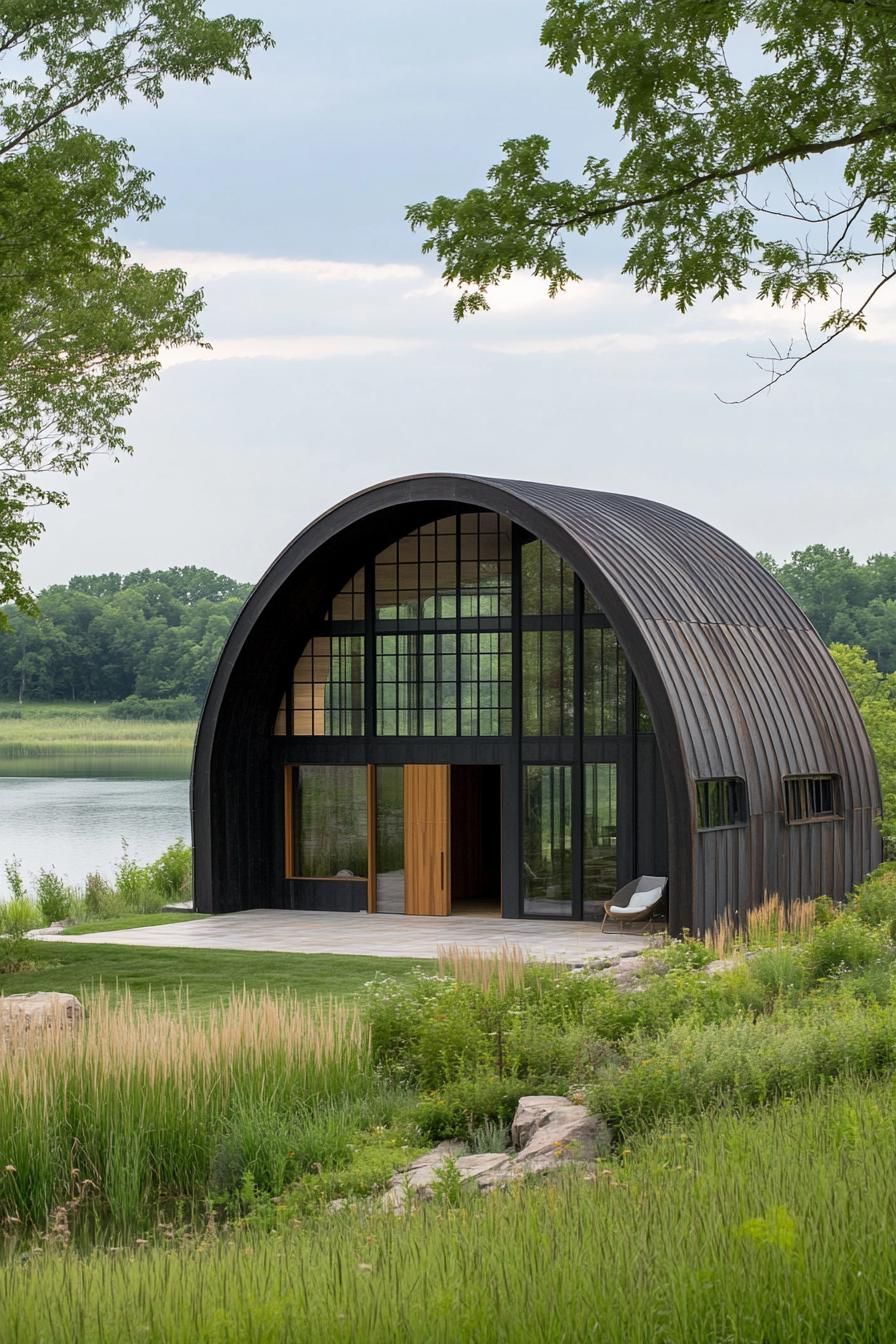 Curved steel home with large windows by a lake