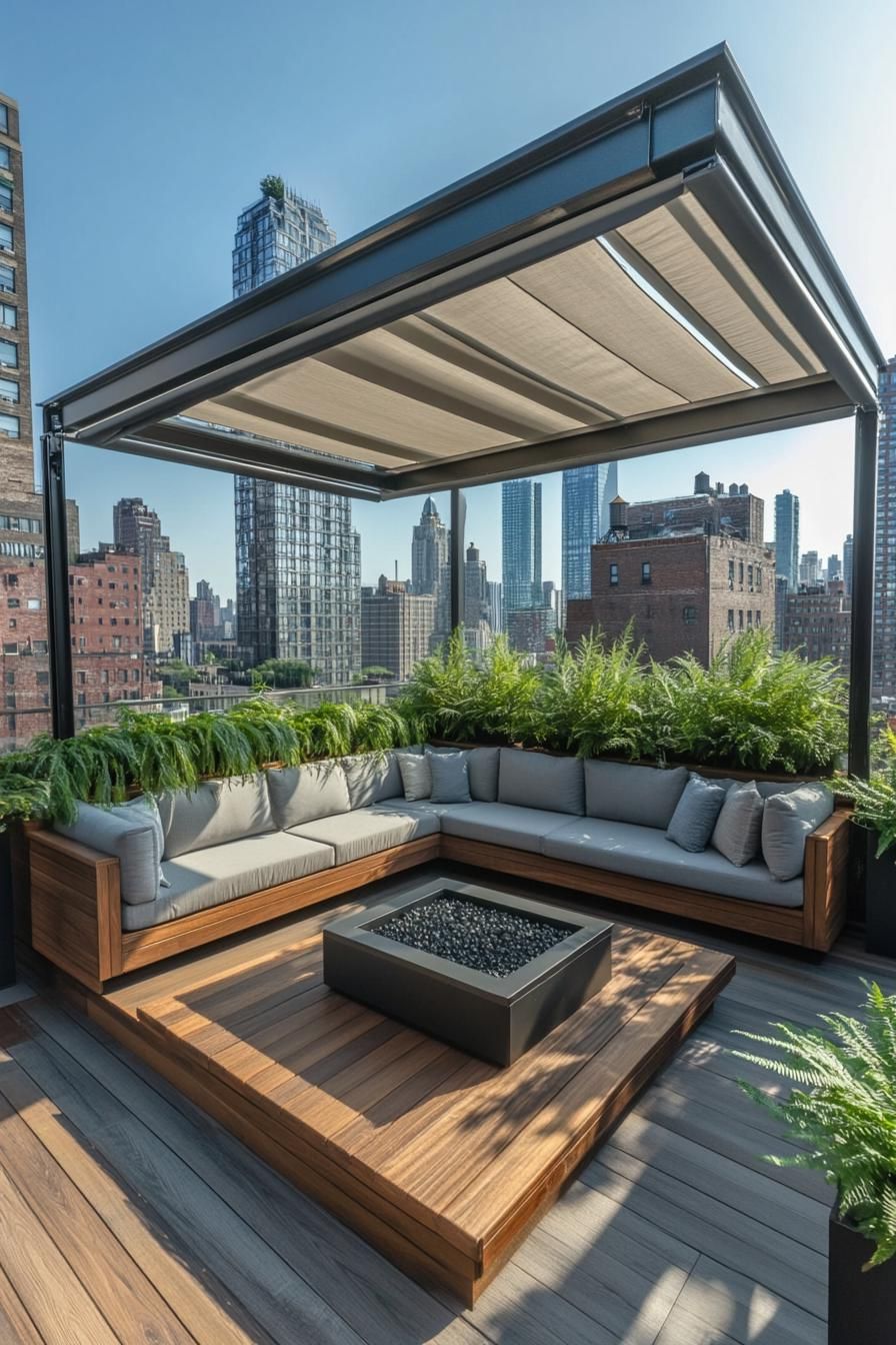 modern rooftop terrrace with sectional cushioned sofa raised wooden deck with gas firepit metal frame and glass screen fabric shade planted fern 2