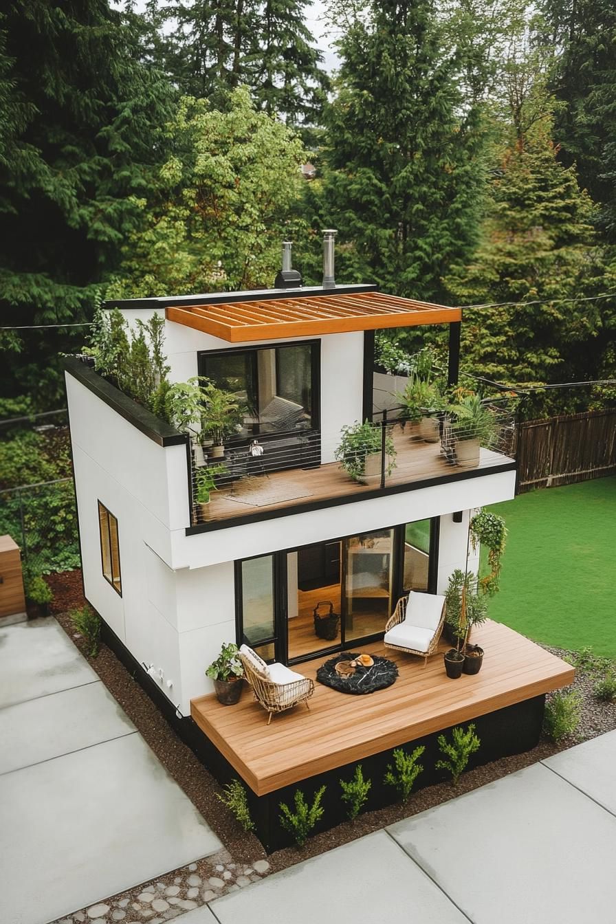 top view of a tiny luxury modern cube house with tiny deck rooftop deck with pergola with plants and outdoor chairs luxury aesthetic v 6.1 2