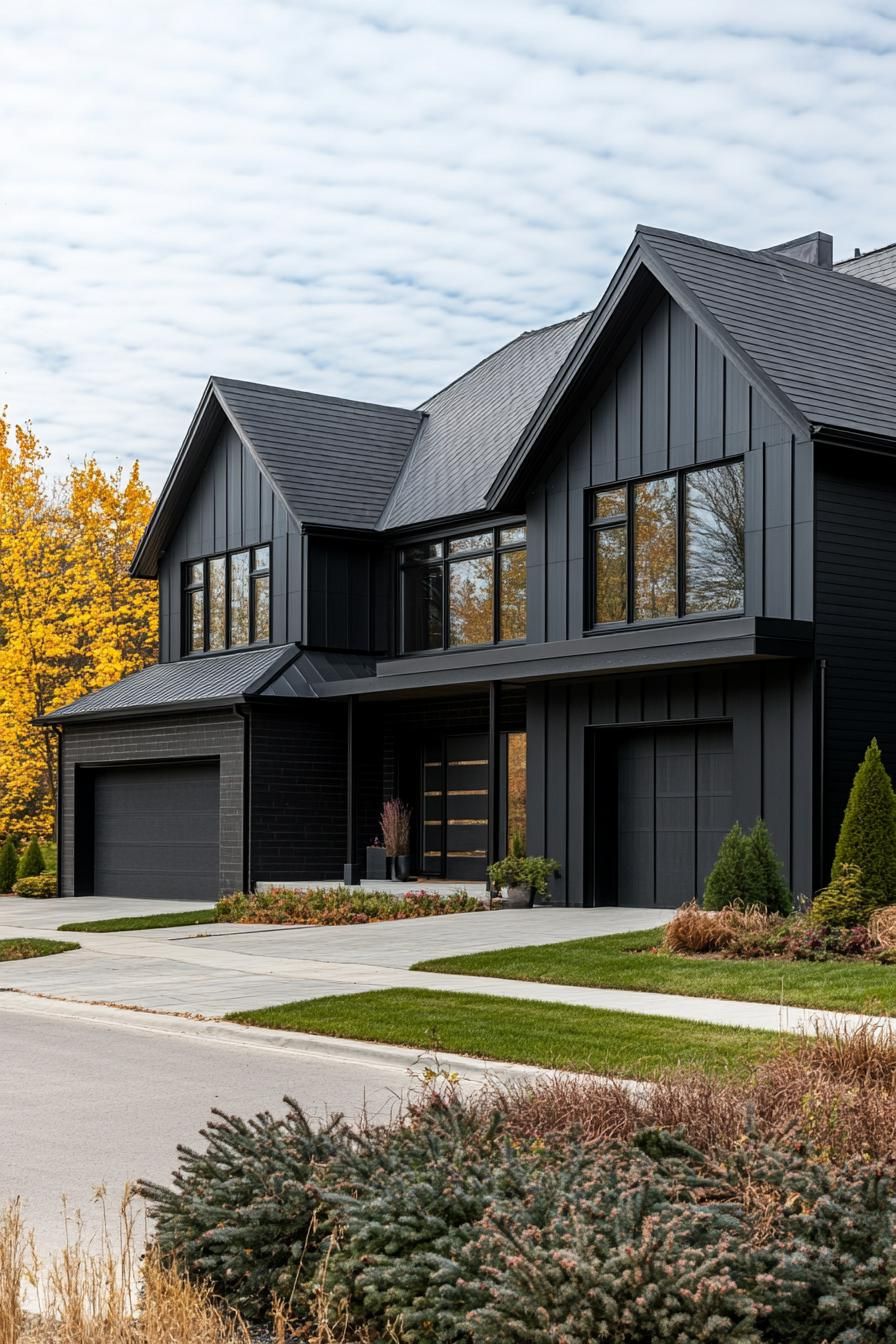 large modern farmhouse with black siding multi pitched black roof modern windows with black trim garage doors front porch with black beam posts 2