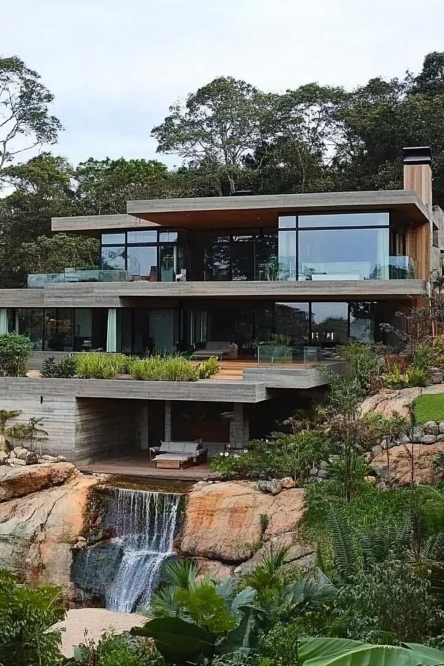 modern house with cascading terraces built from bottom up a steep hillside slope large glass windows rocky steep slope in a forest 2