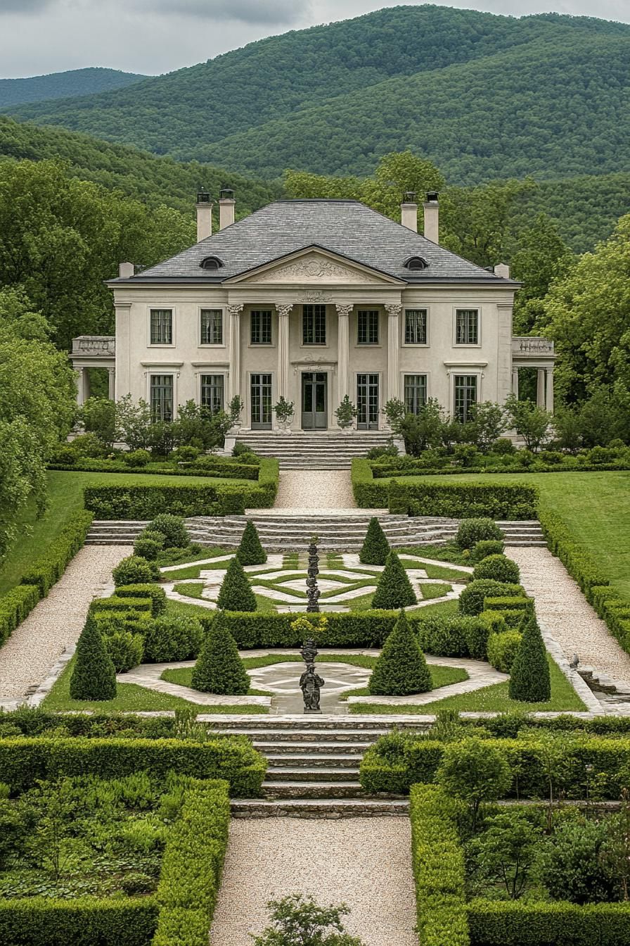 high angle view of Georgien style manor with grey roof facade with columns large front garden with geometric shrubs and paven paths with steps 1