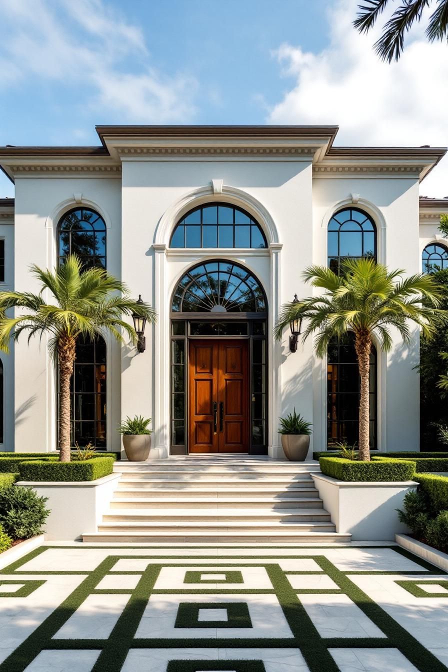 Classic luxury house with grand entrance and palm trees