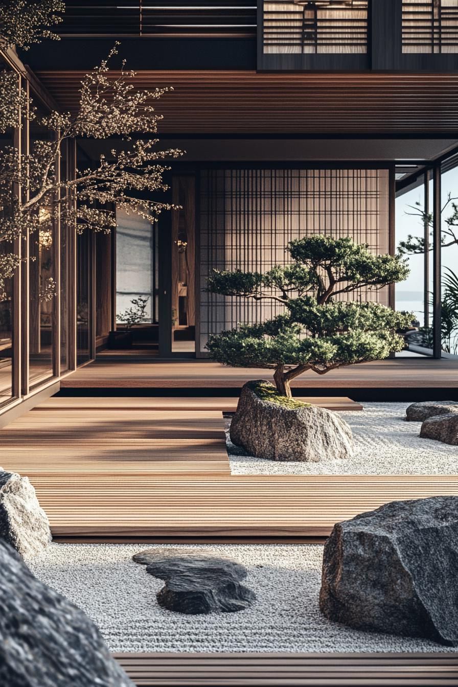 Japanese courtyard featuring a bonsai and rock garden