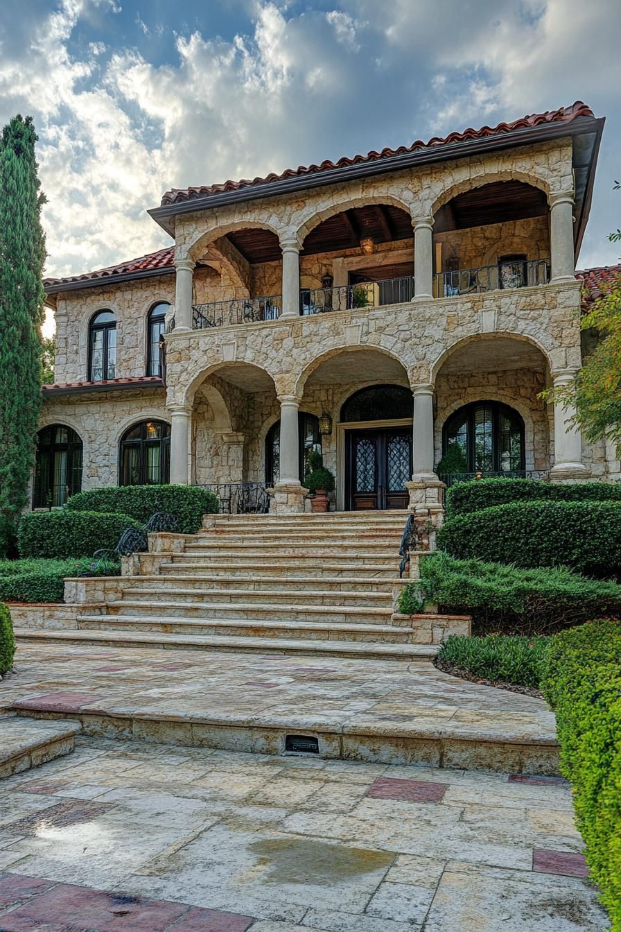 mediterranean linestone mansion with arches and columns front yard with steps and shrubs 2