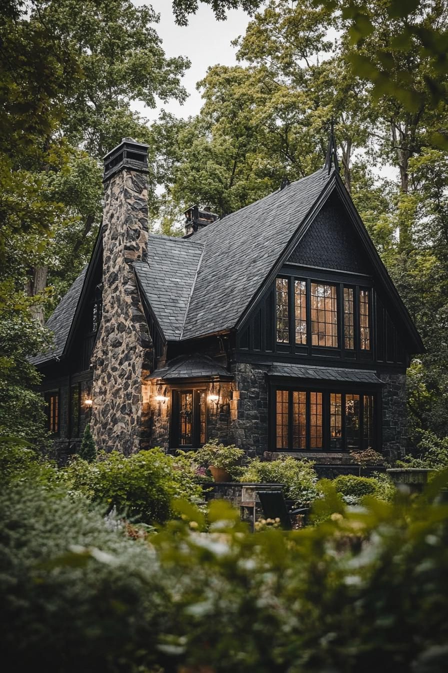 Cozy dark stone house surrounded by lush greenery