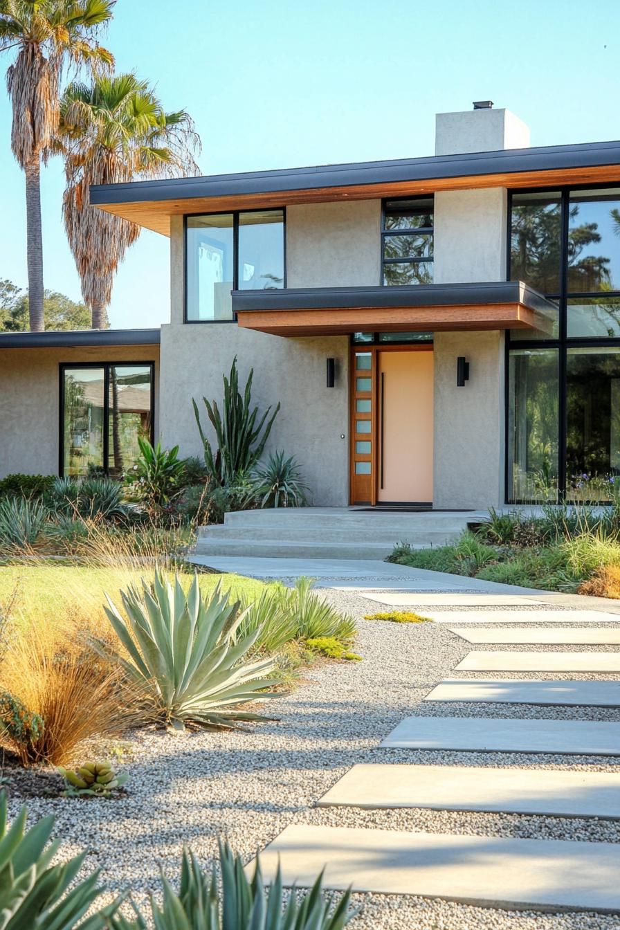 Modern house with agave plants in the foreground