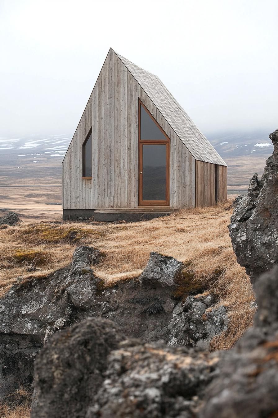 Small triangular cabin on a rocky hillside