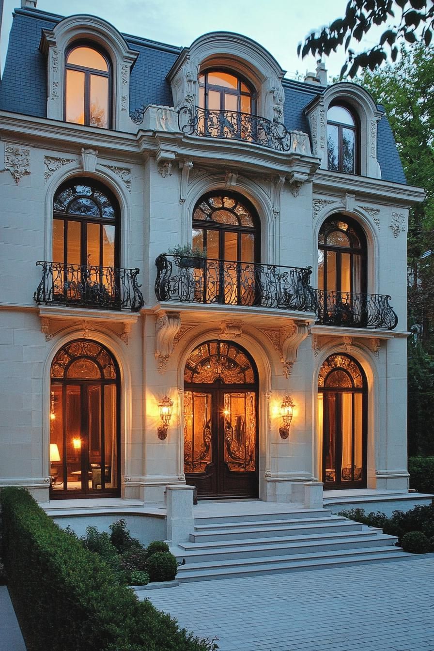 Elegant mansion with illuminated arched windows and decorative wrought iron