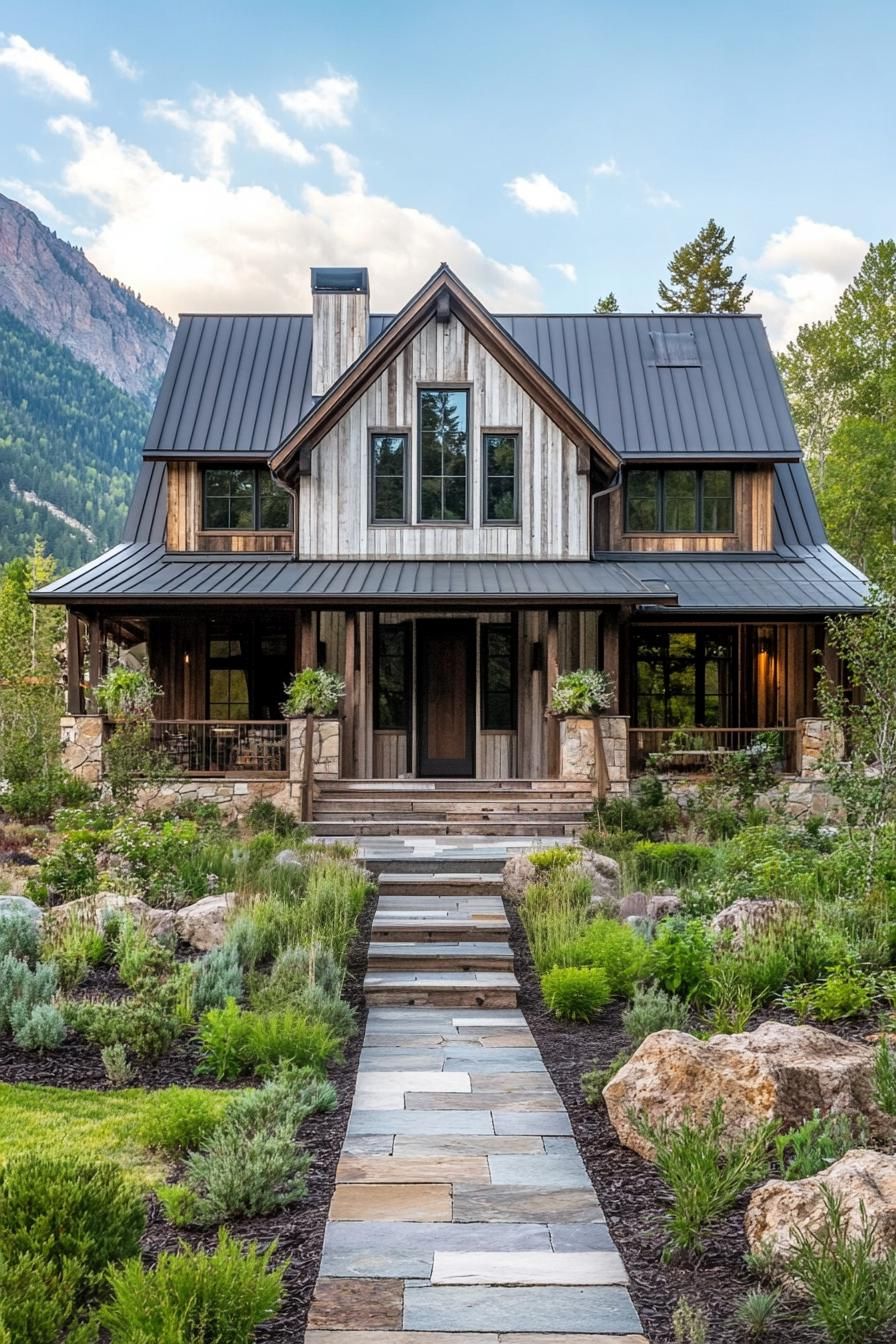 Charming farmhouse with a stone pathway and lush greenery