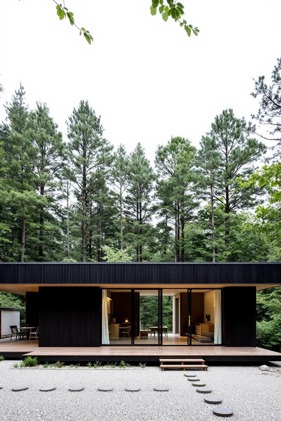 Modern minimalist house surrounded by tall trees