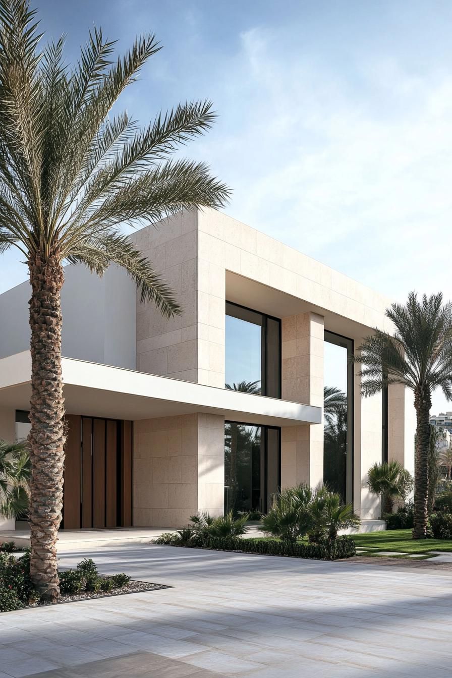 Modern house exterior with palm trees