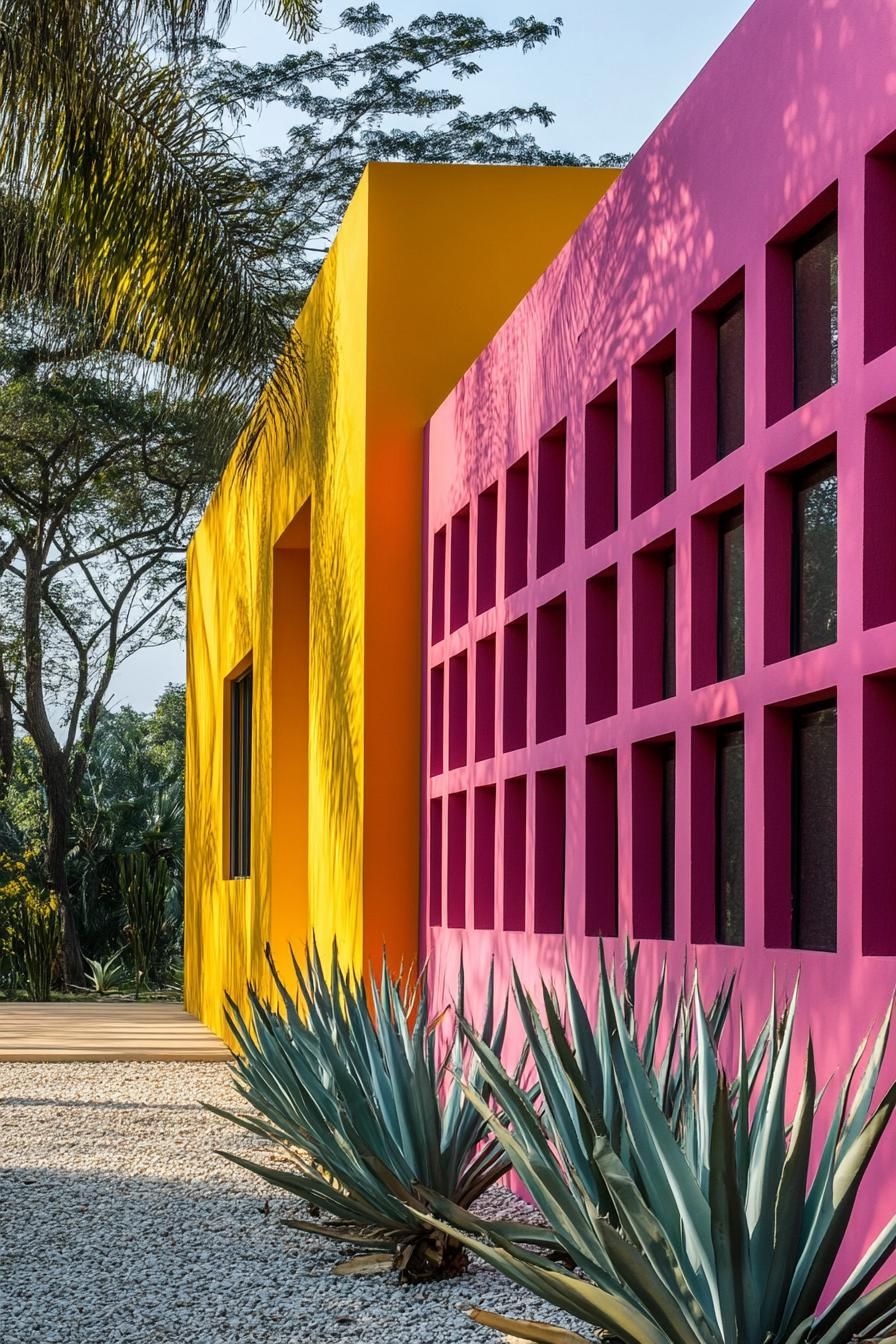 Vibrant pink and yellow building with geometric design