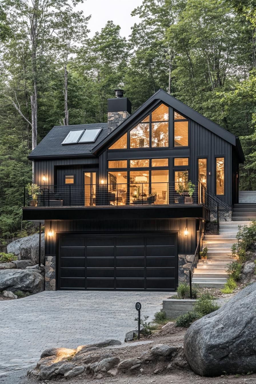 split level contemporary house in black facade and sloped roof garage and stoen paved driveway stair with rails lead to upper floor on a hillside 2