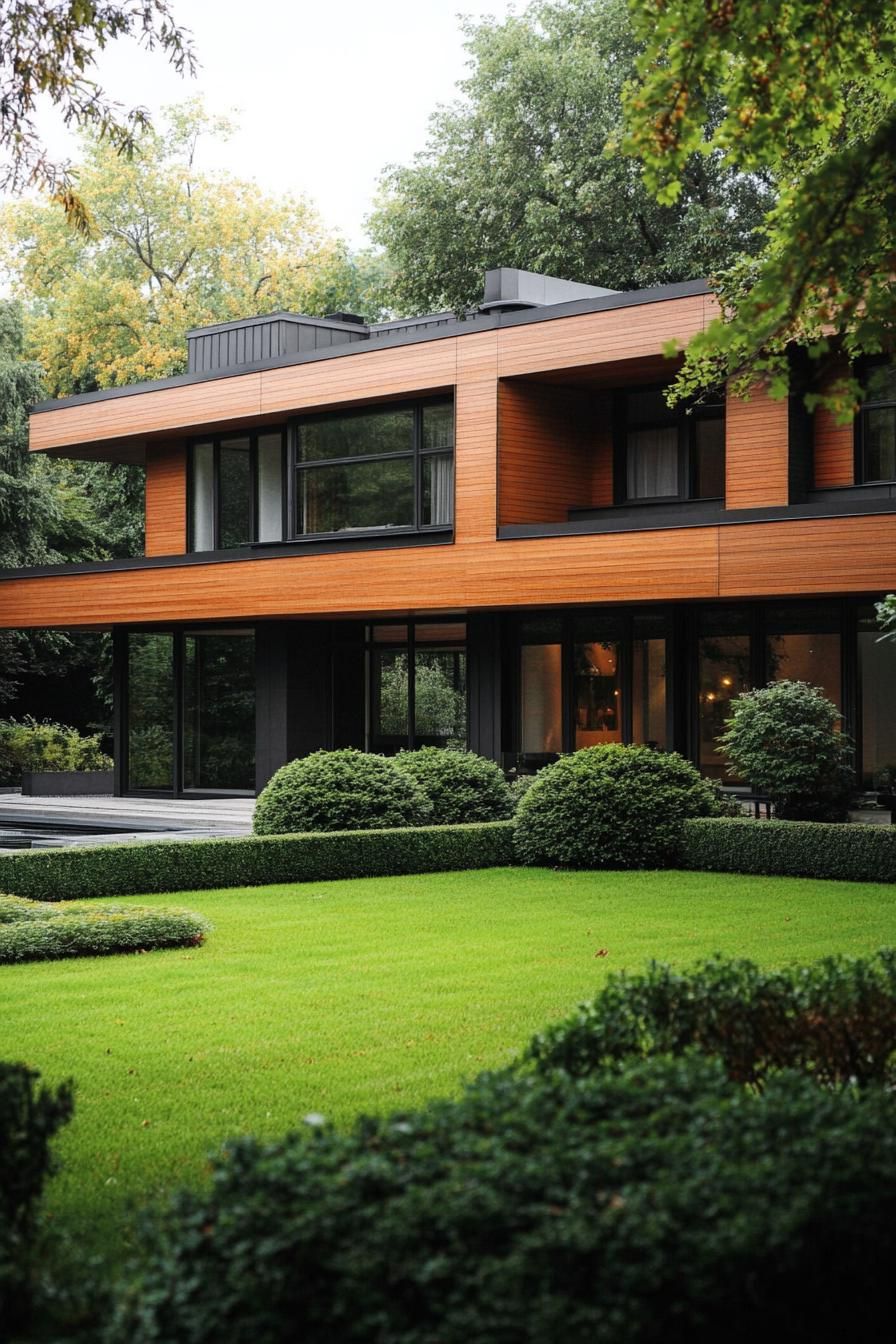 contemporary house geometric facade in all wood siding with pattern slatting large windows landscaping with geometric shrubs and lawn 1