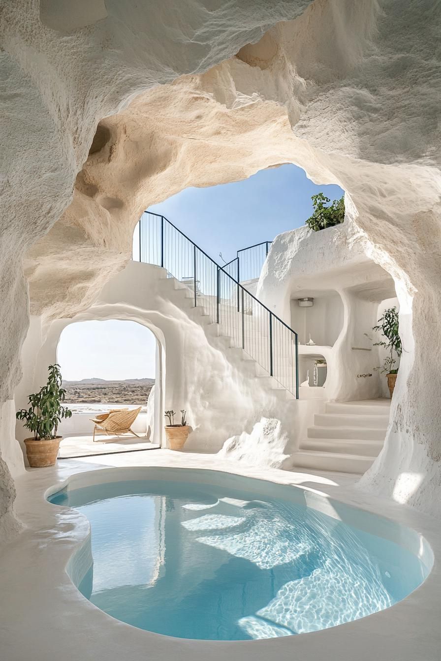 desert cave home with whitewashed walls center pool stairs with glass railings windows overlook desert and distant sea 2