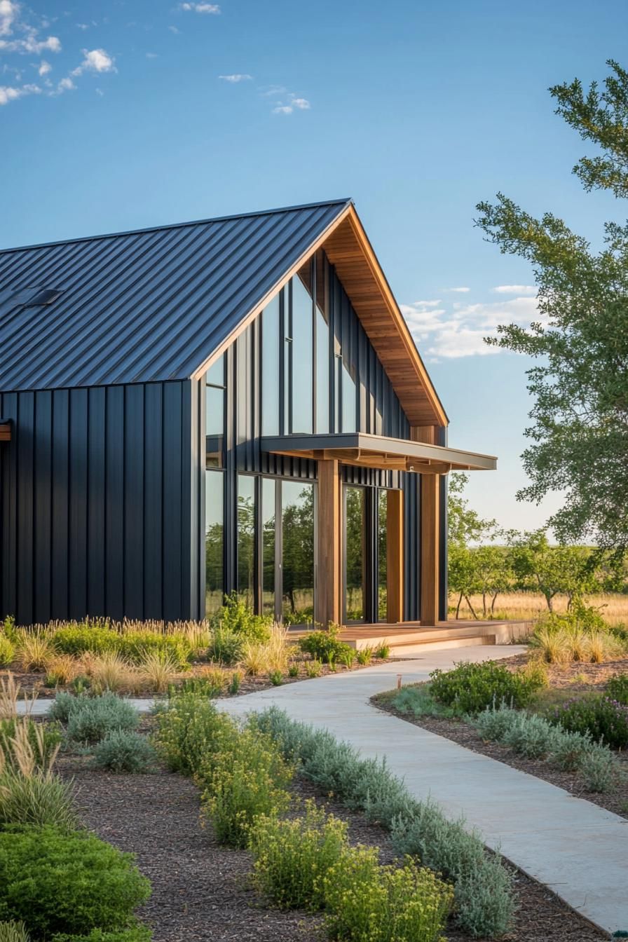 Modern barndominium with glass and metal features