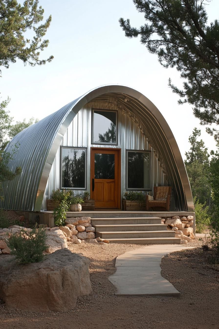 Metal Quonset hut with wooden entrance and porch