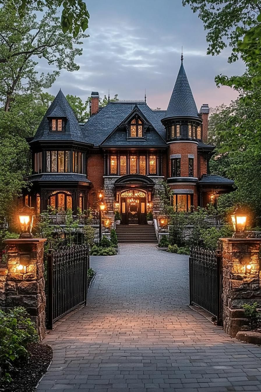 neo Victorian mansion with tall turrets brick facade black roof wide driveway stone fences garden lamps dusk scene v 6.1 1