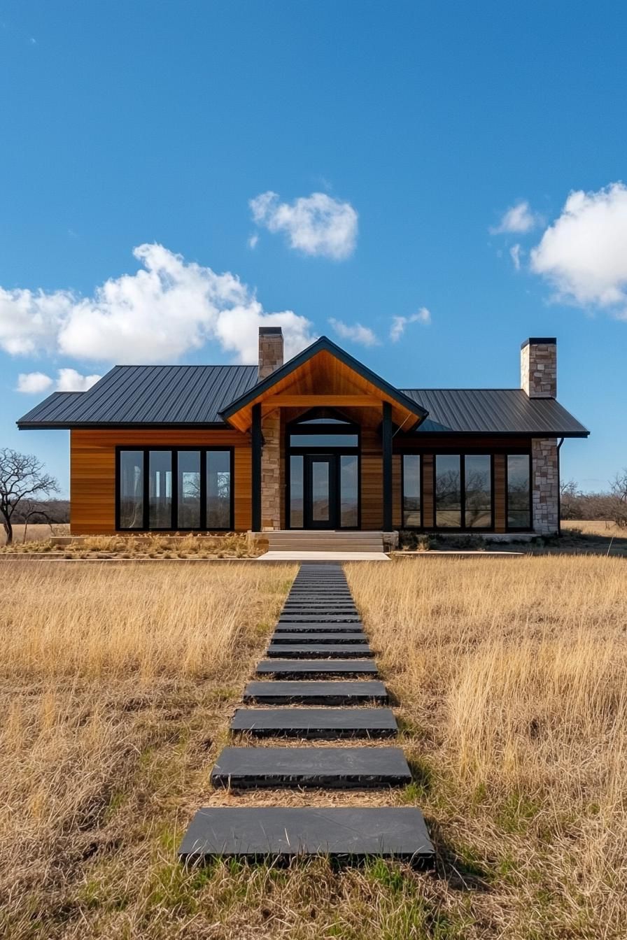 Modern ranch house with black roof and stone accents