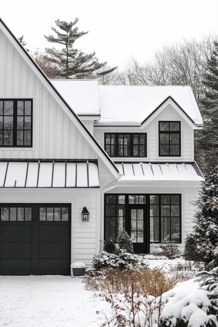 modern white cottage with white siding black trim black multi pitched metal roof black windows large black garage foors black front doors winter 2