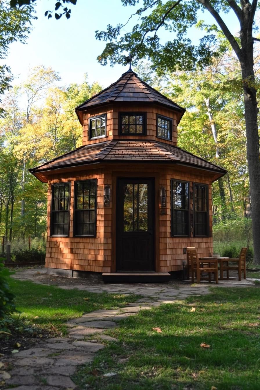 Two-story wooden hexagonal shed