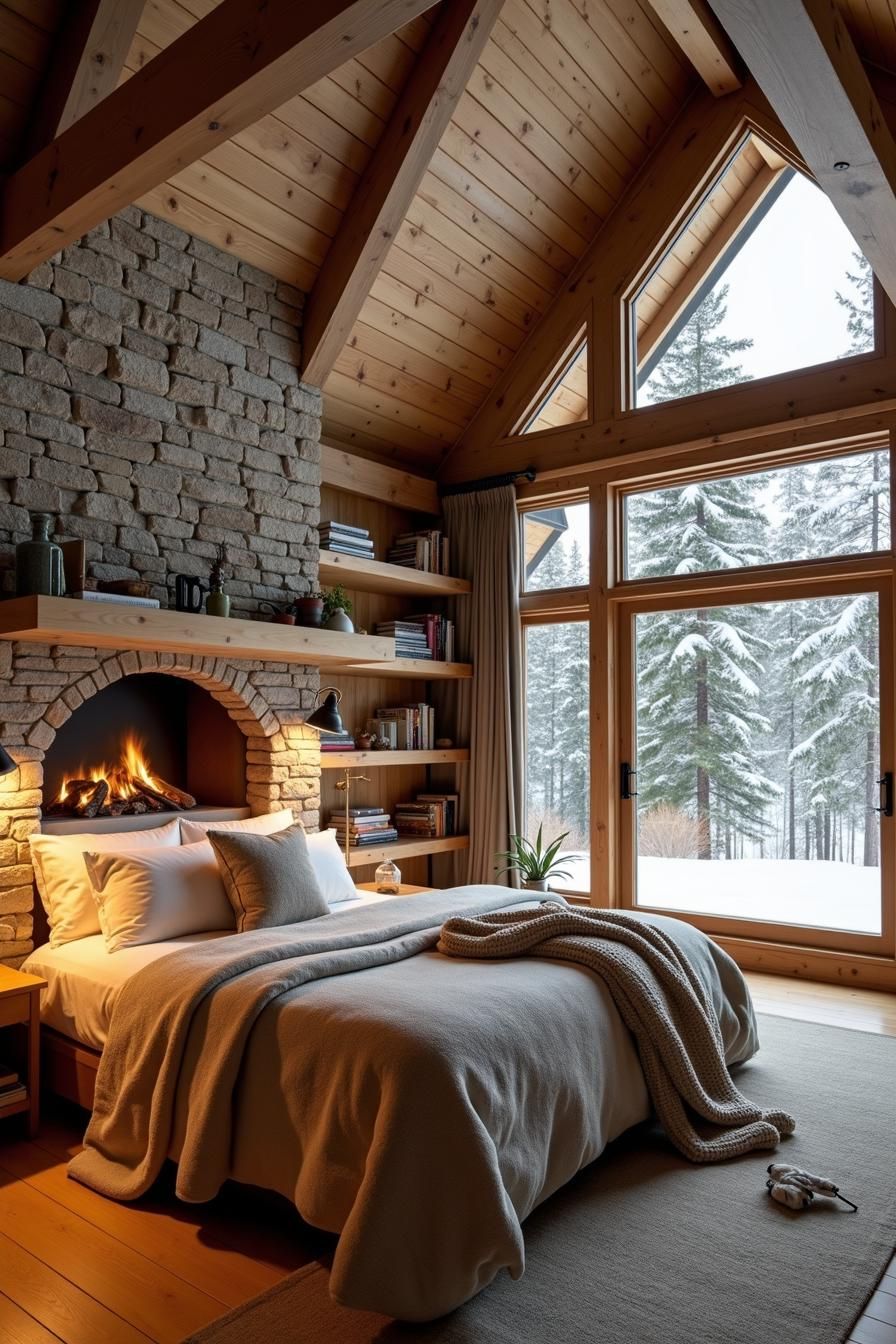 Rustic cabin bedroom with a stone fireplace and large windows