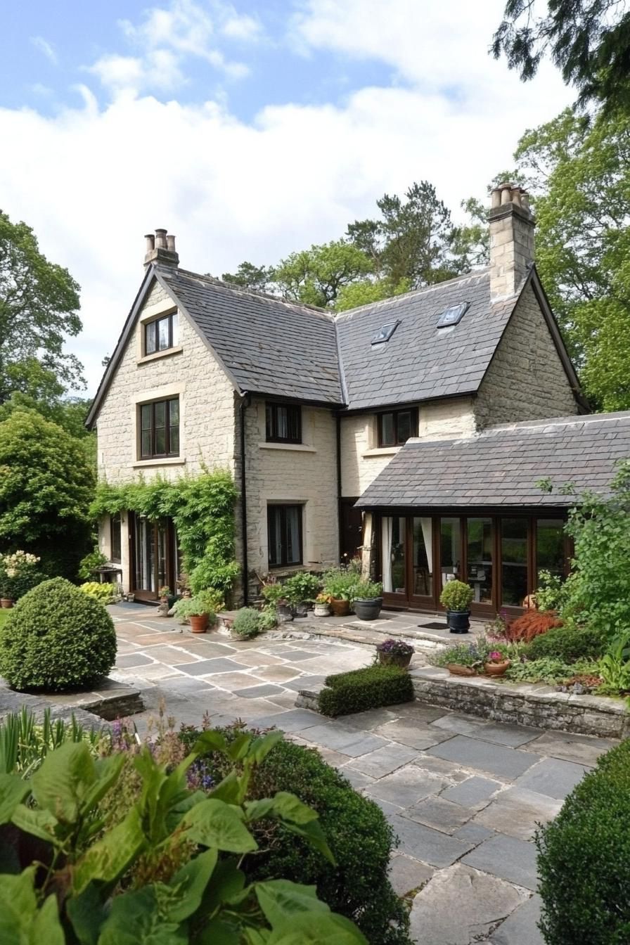 Elegant stone cottage surrounded by lush greenery and a charming patio