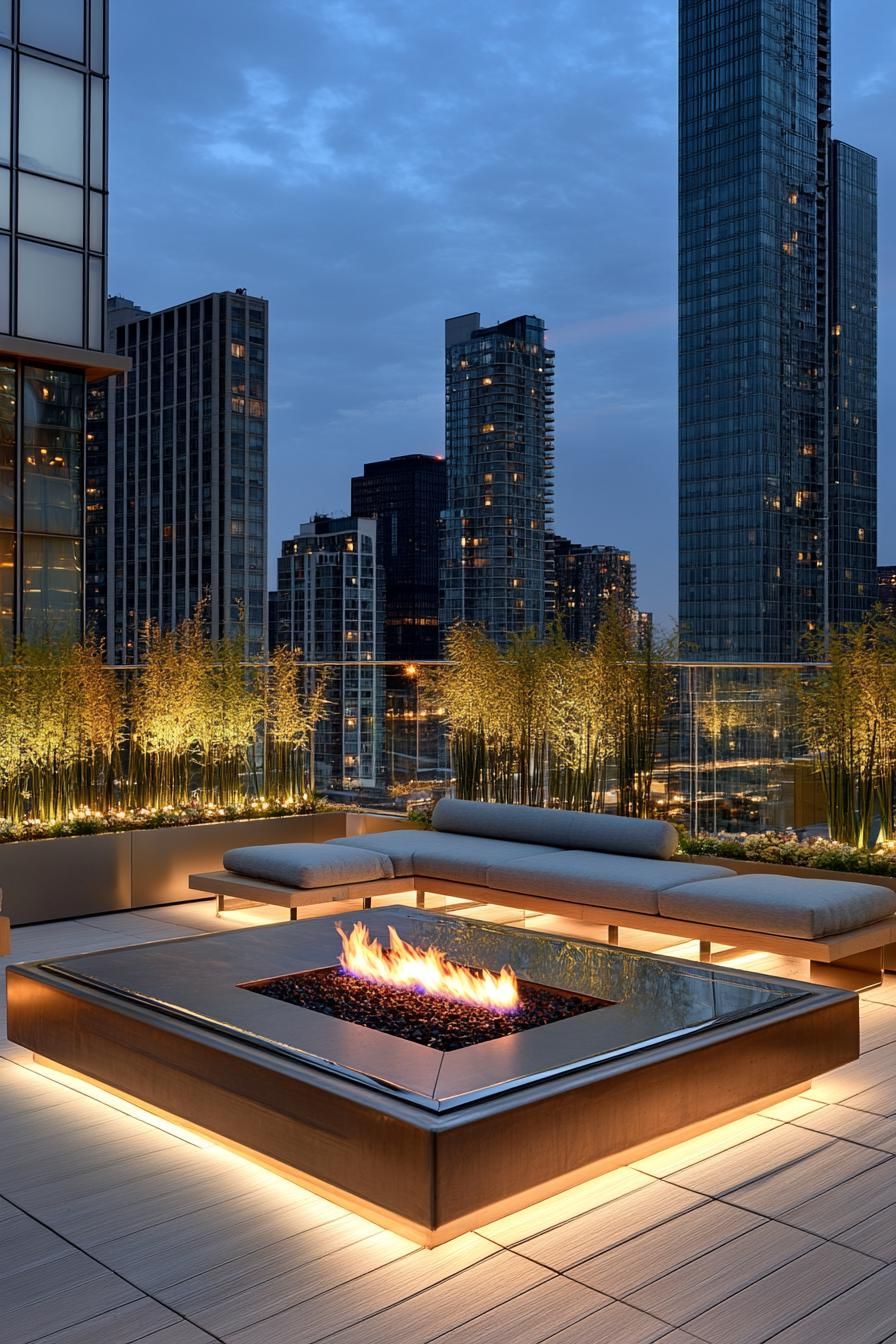 modern rooftop terrace with glass railings modern cushioned furniture LED lighting gas firepit blossoming flower beds glass building a bed with 1