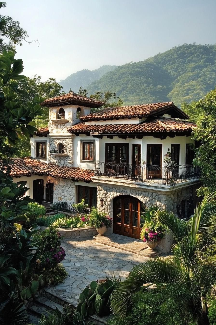 Two-story villa with stone exterior and red-tiled roof surrounded by greenery