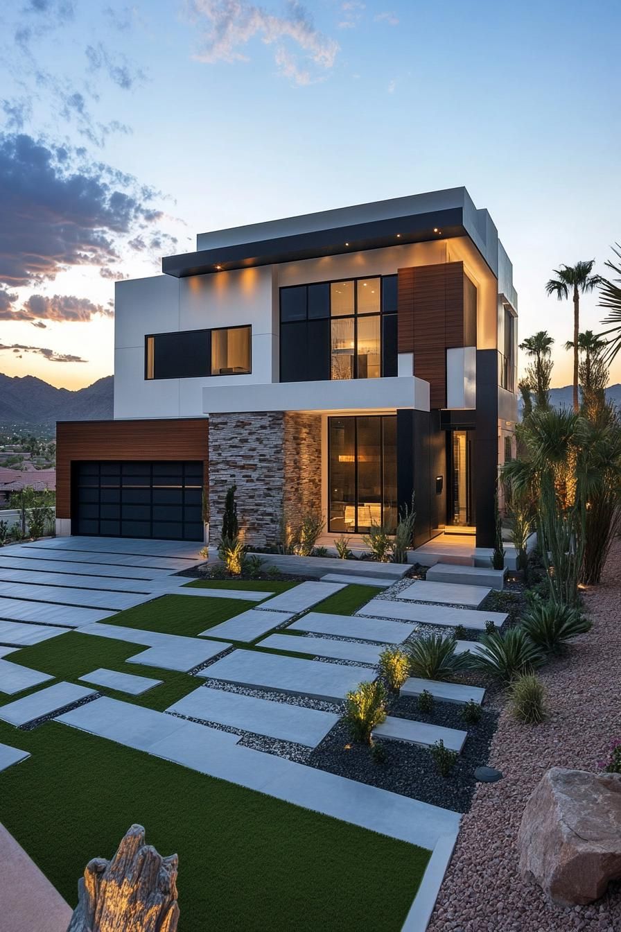 frontal view of a modern house with geometric blocked facade distinct sections of the facade include white painted siding dark painted siding stone 1