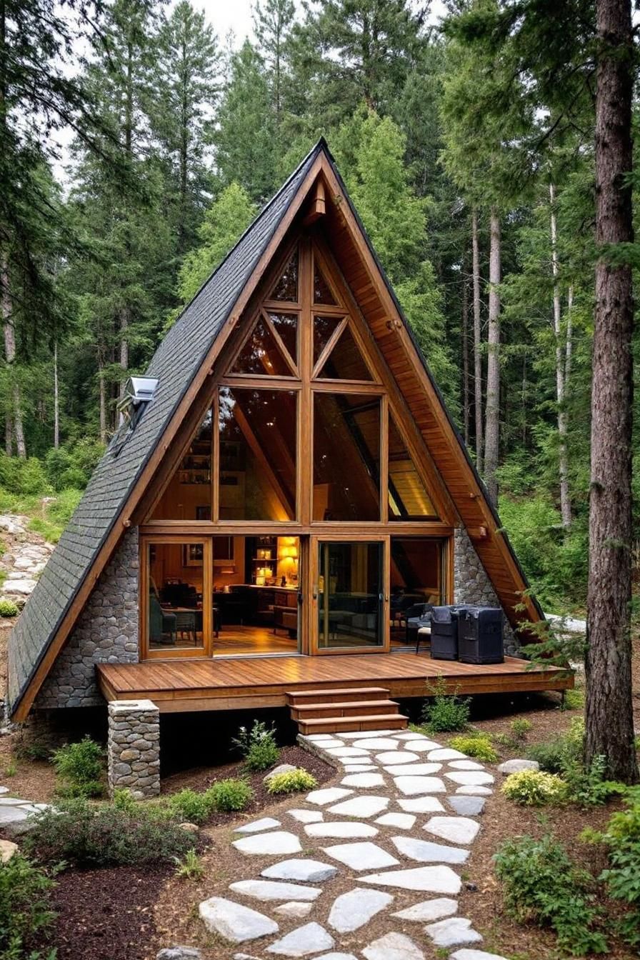 A-Frame Cabin with Glass Front and Stone Accents