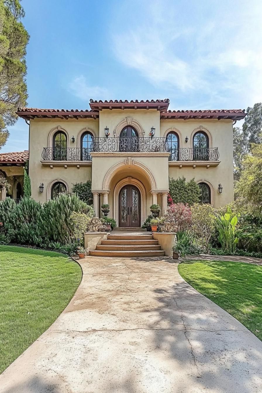 Stately villa with arched doorways and lush gardens