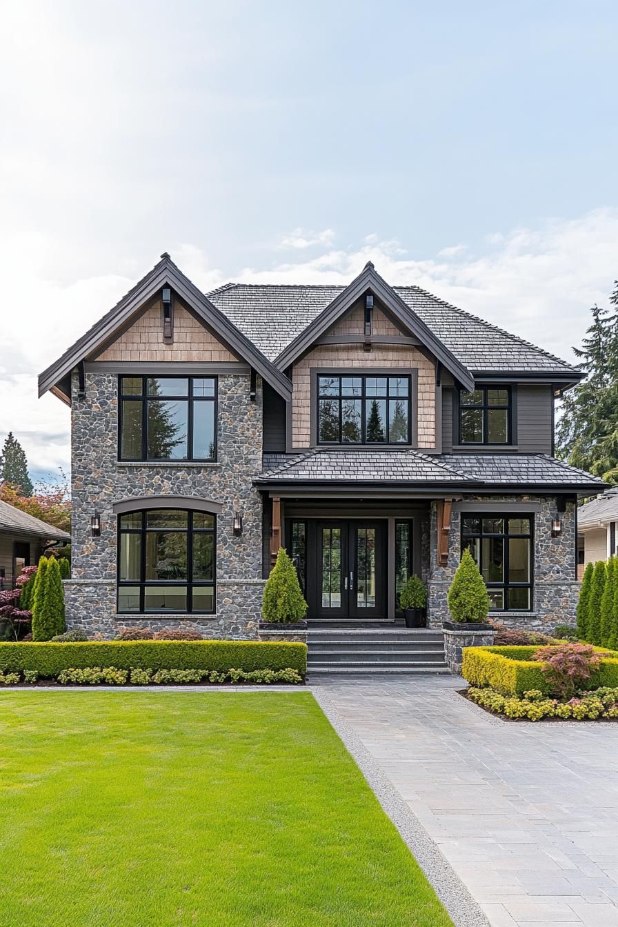 Modern two-story house with stone façade and manicured lawn