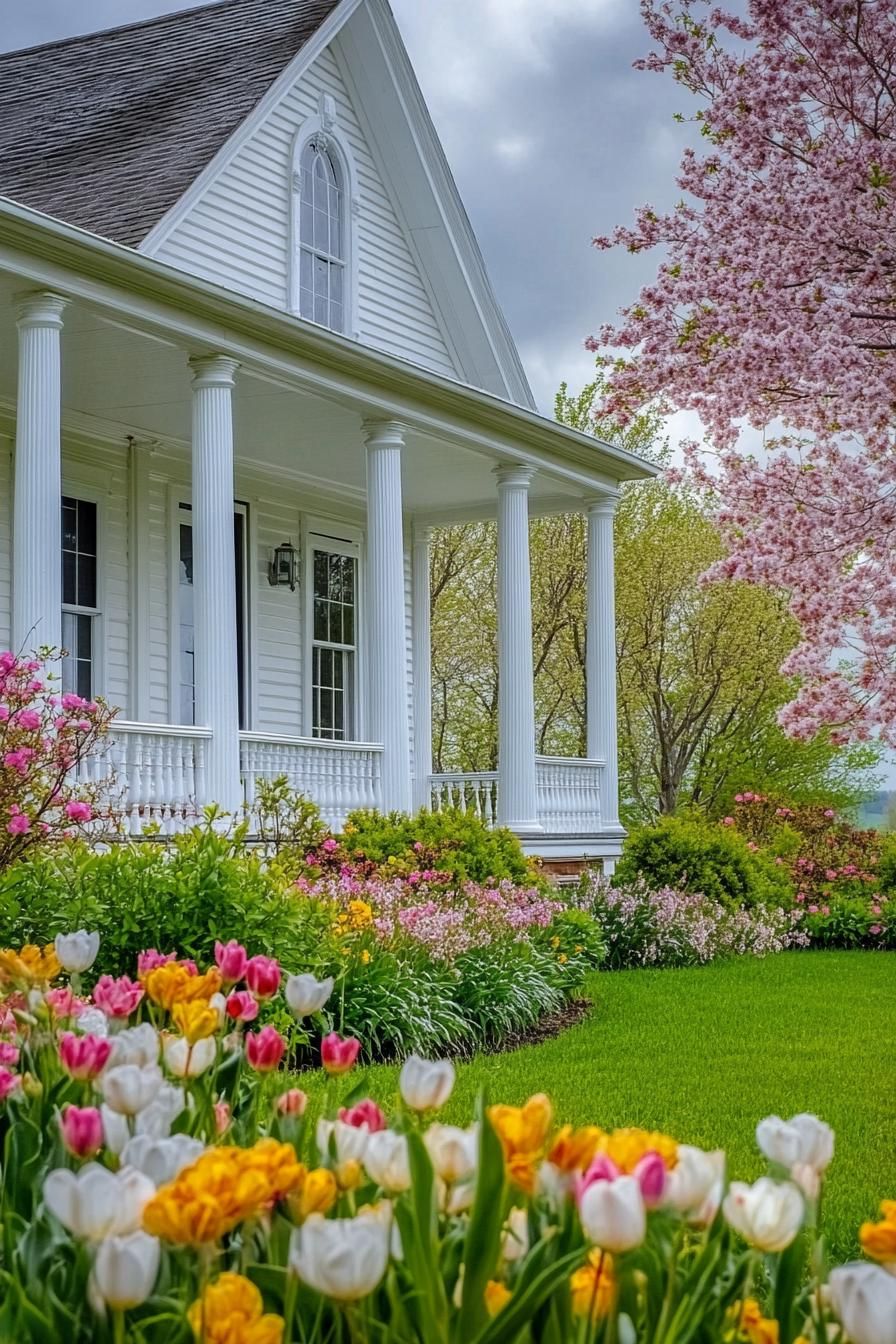 beautiful classic country side white house with a front porch with coloumns with lush front garden with blossoming flowers 1