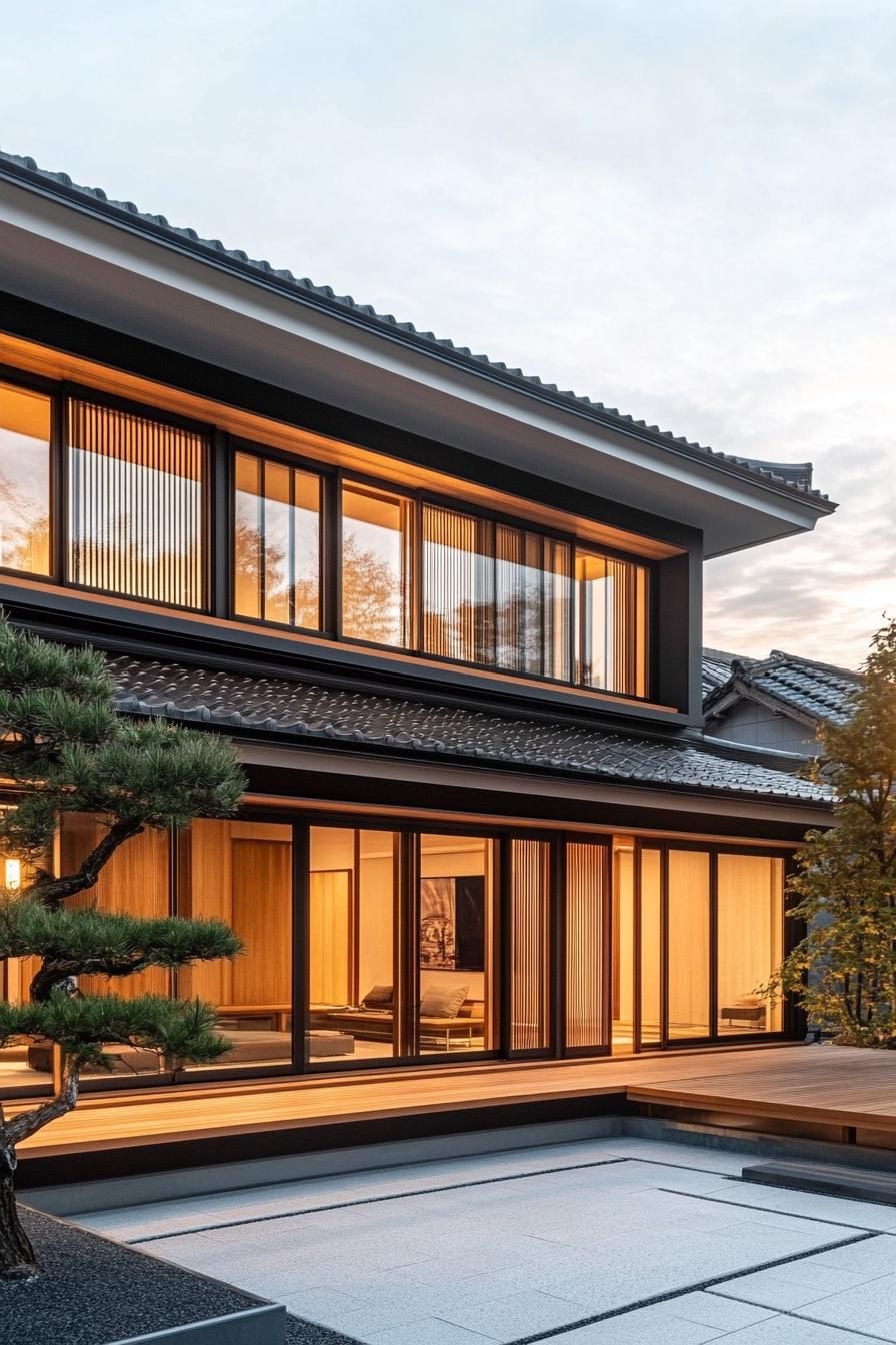 Minimalist Japanese house with large windows and a tiled roof