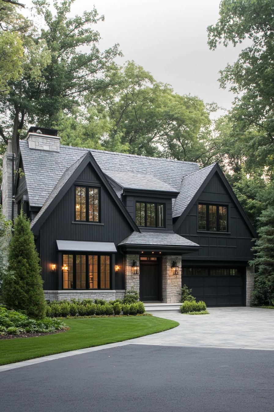 Elegant black house surrounded by lush greenery