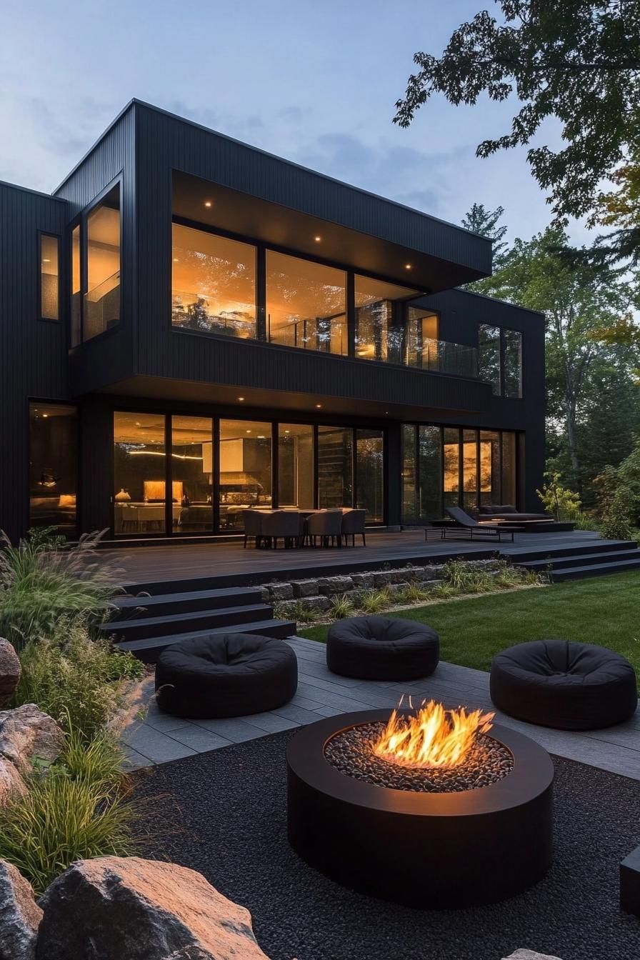 modern villa design in black siding full wall windows large front yard with japanese rend maples lounge area with gas firepit and puffy lounge 2