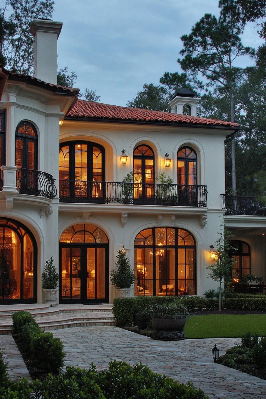 Two-story Mediterranean house with arched windows and glowing lights