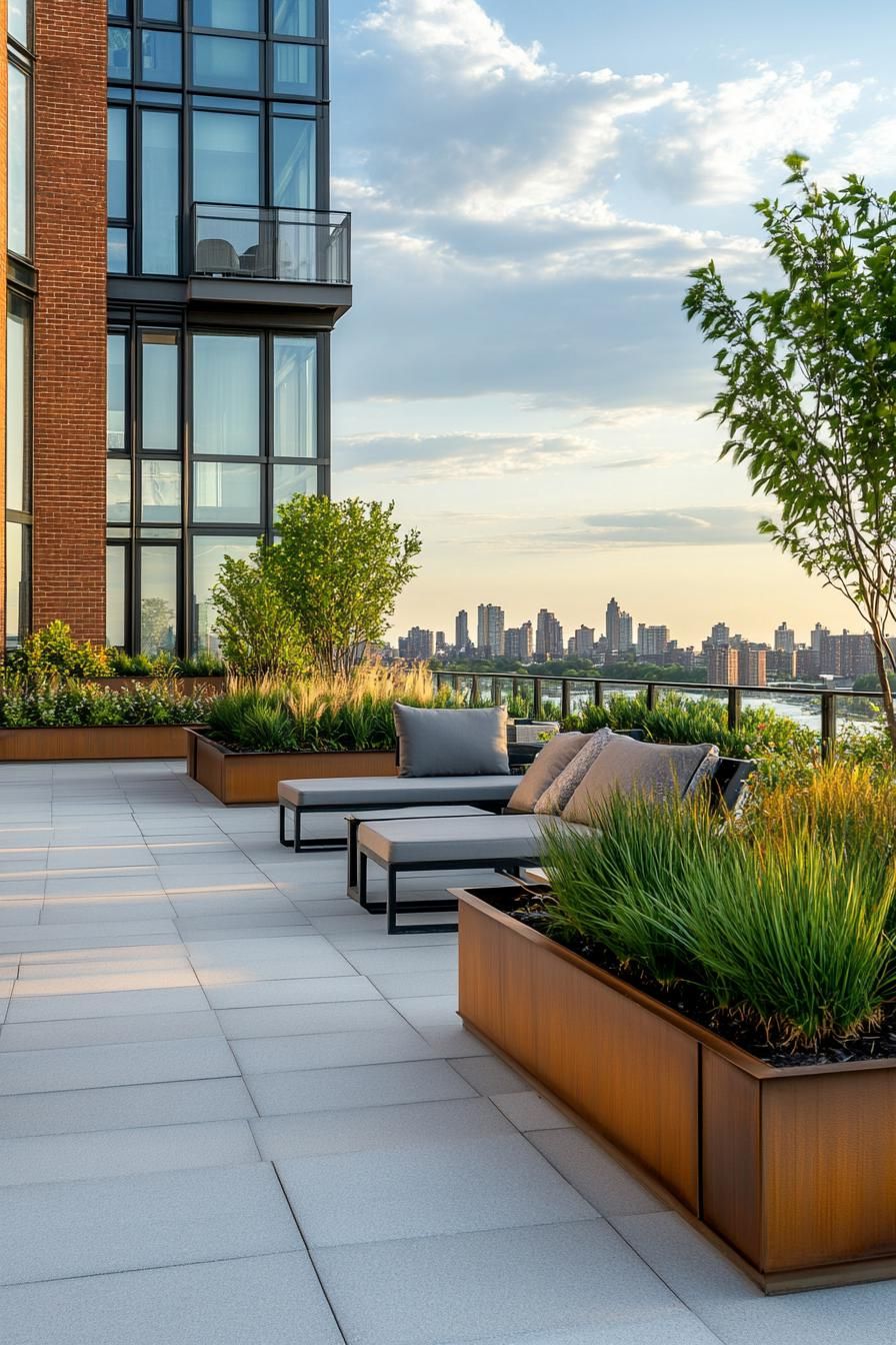 rooftop terrace bordered with planter beds with lush native plants paved deck with modern furniture 1