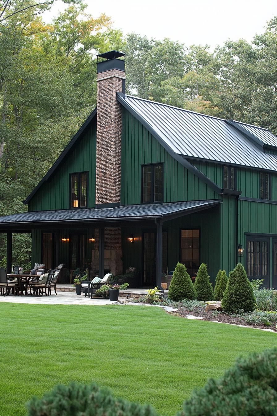 large shouse barndominium with forest green vertical siding black barn roof chimney large covered porch with cedar beams and posts patio with 1