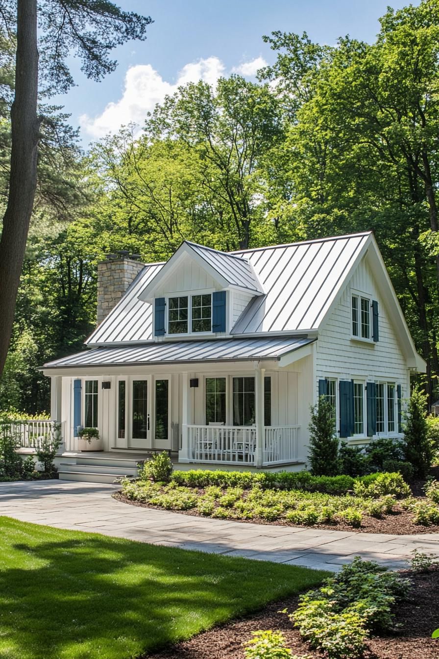 White cottage with a metal roof and shutters in a lush garden setting