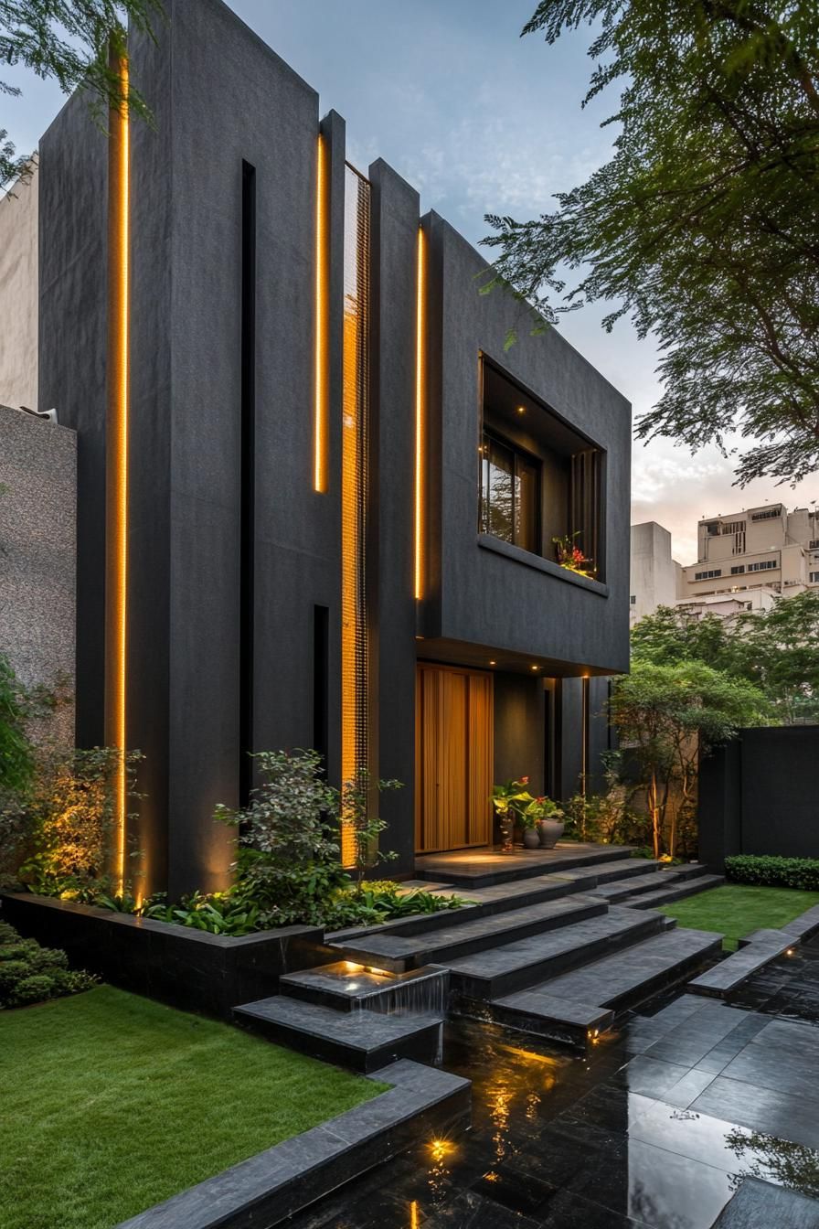 Modern black house with vertical lights and landscaped garden