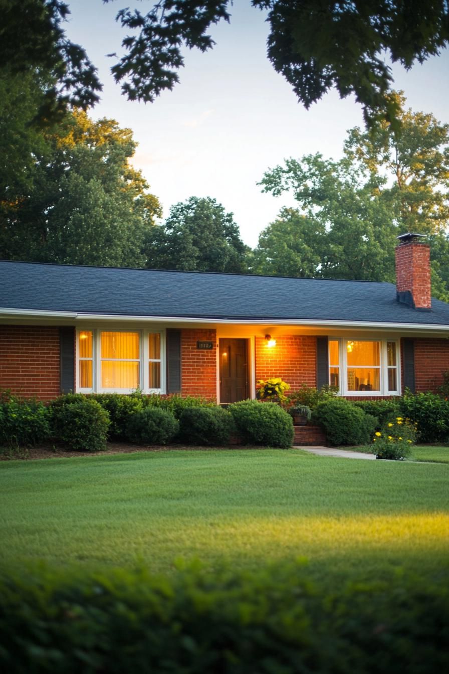 Warm light glowing from a brick ranch house at dusk