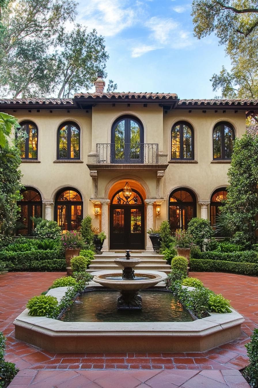 Mediterranean villa with arches and fountain