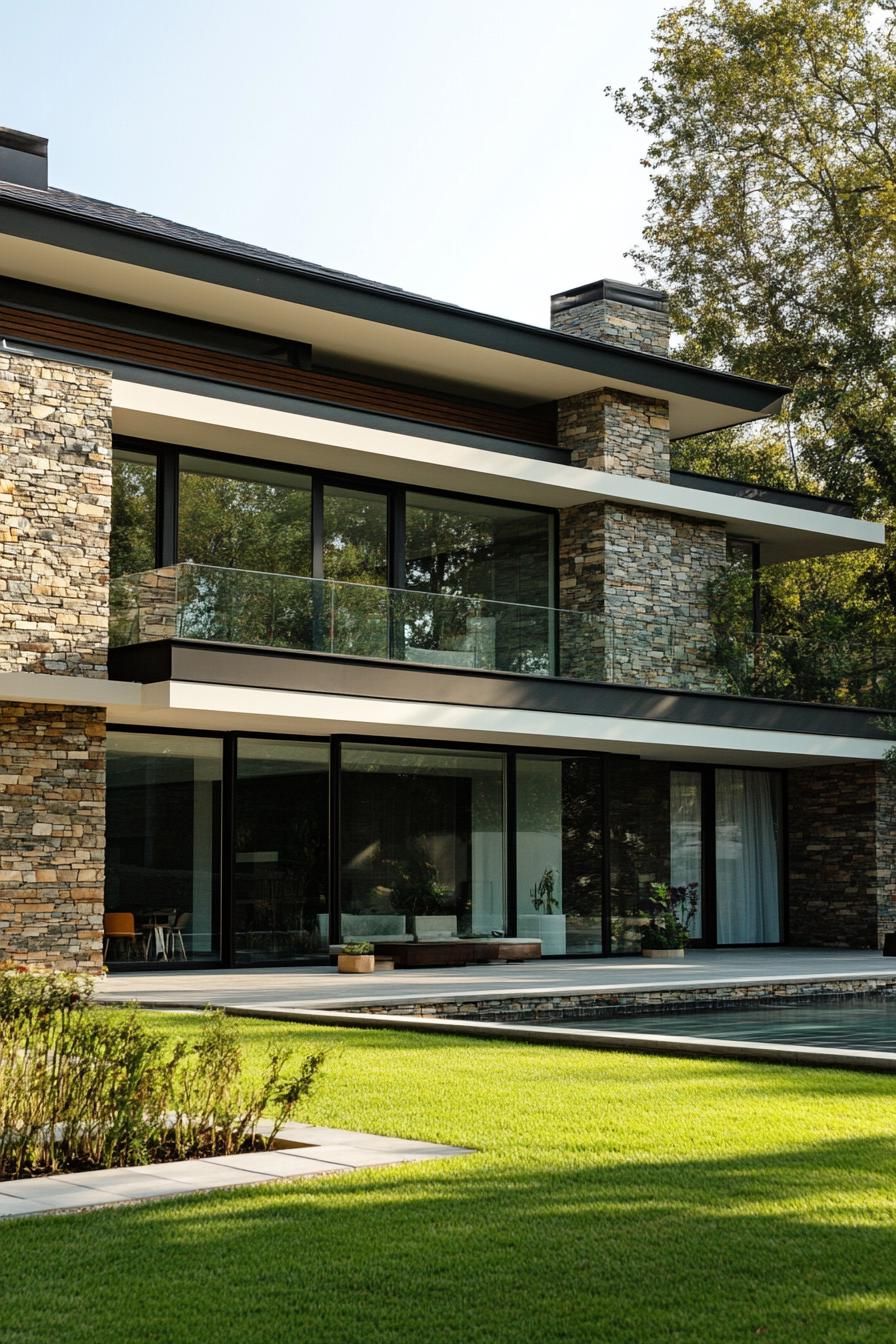 Modern house with stone facade and lush lawn