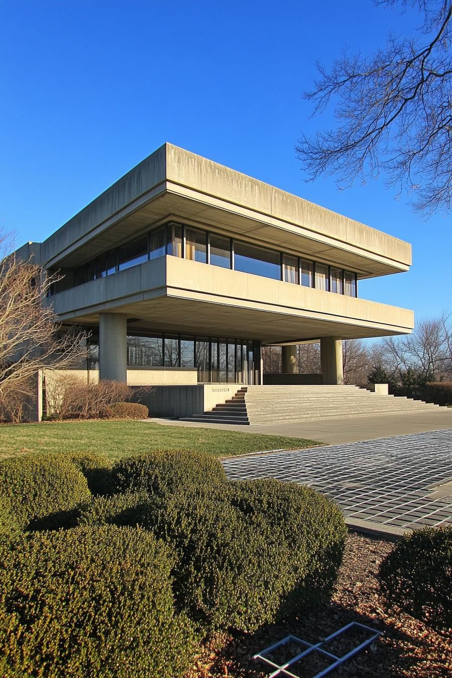 A striking concrete building with layered architecture and expansive windows