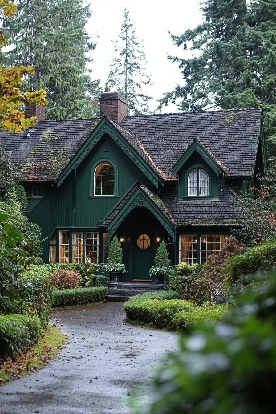 A dark, rustic cottage surrounded by lush greenery