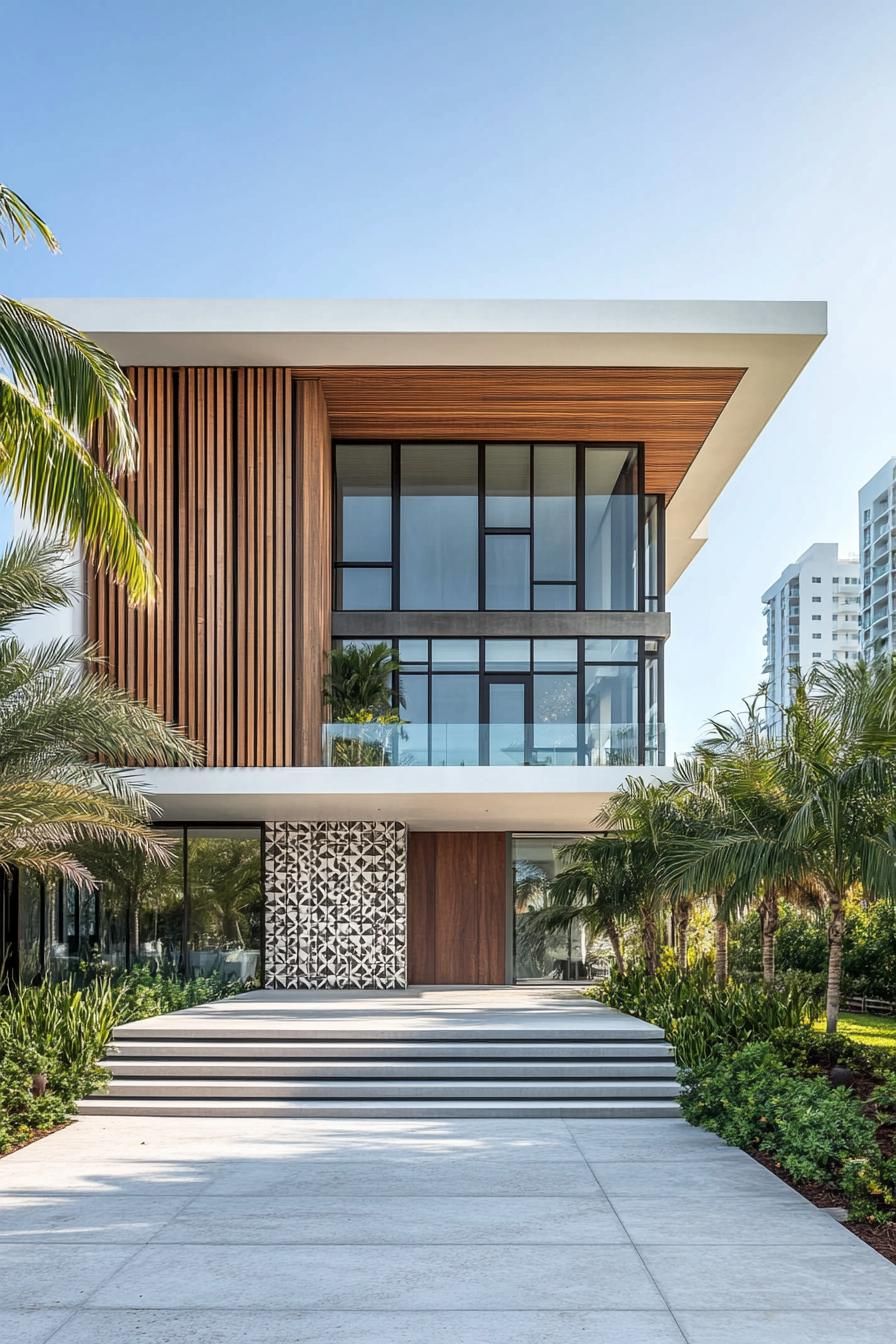 Modern facade with wood panels and geometric accents