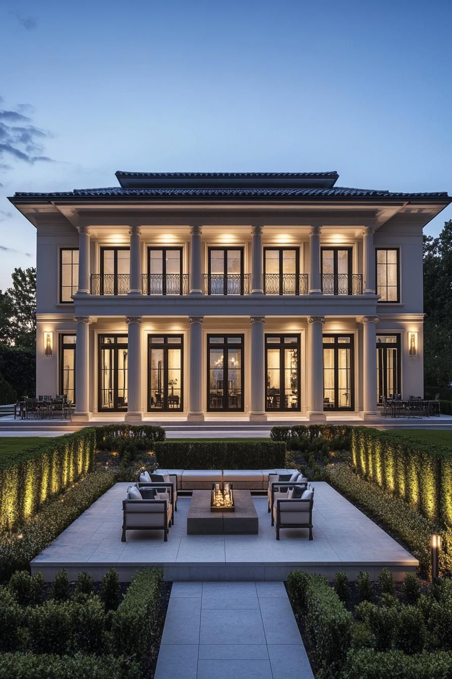 Lit mansion with grand columns and symmetrical allure